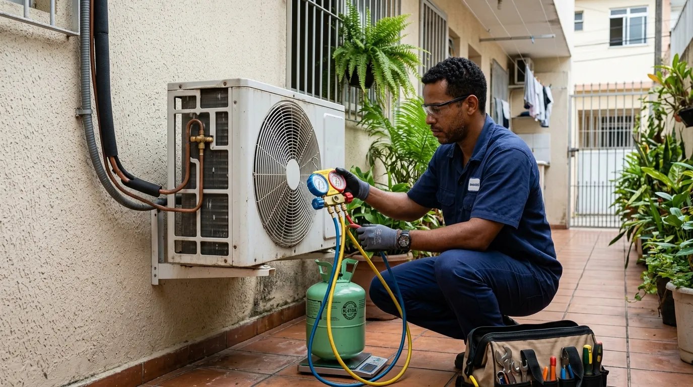 Técnico fazendo carga de gás na condensadora do ar-condicionado em Viamão‑RS