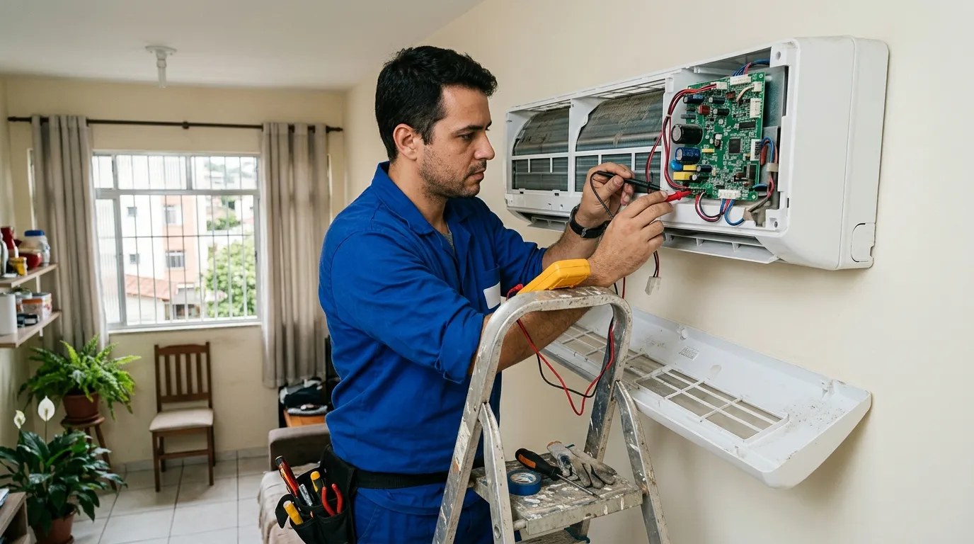 Técnico trocando a placa eletrônica de ar-condicionado split em Viamão‑RS