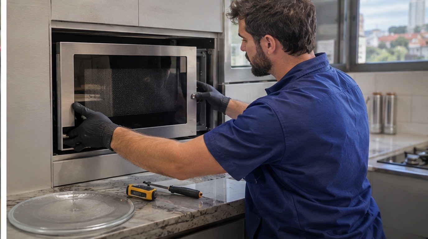 Conserto de micro-ondas de embutir em Viamão‑RS: técnico encaixando o aparelho no armário