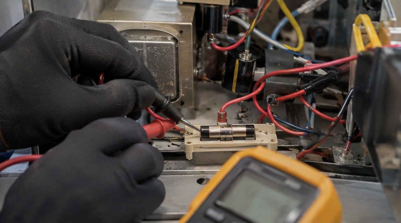Conserto de micro-ondas em Viamão‑RS: teste do fusível e do diodo de alta tensão
