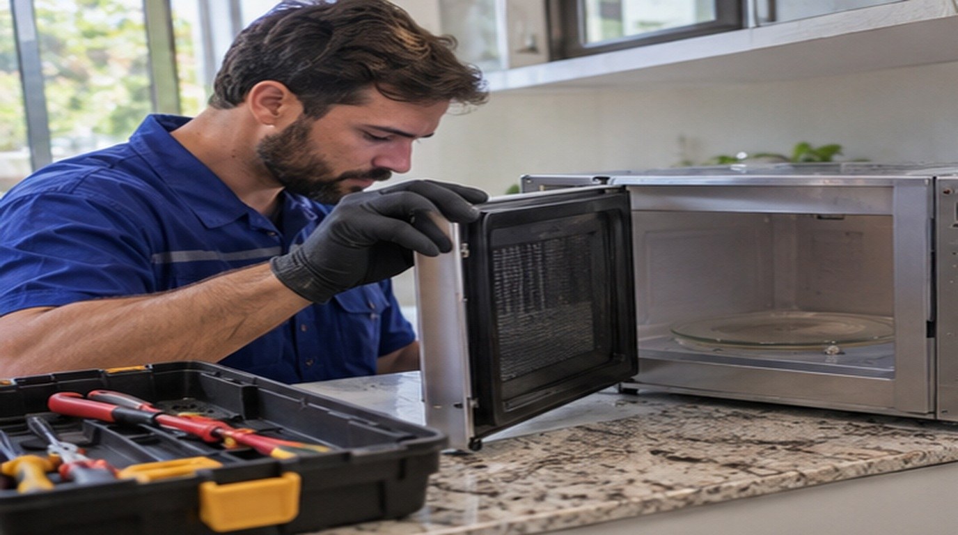 Conserto de micro-ondas em Viamão‑RS: técnico abrindo um micro-ondas de bancada
