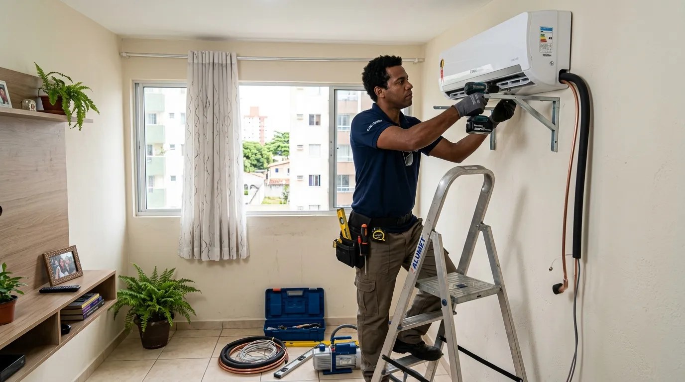 Técnico instalando ar-condicionado split em residência em Viamão‑RS
