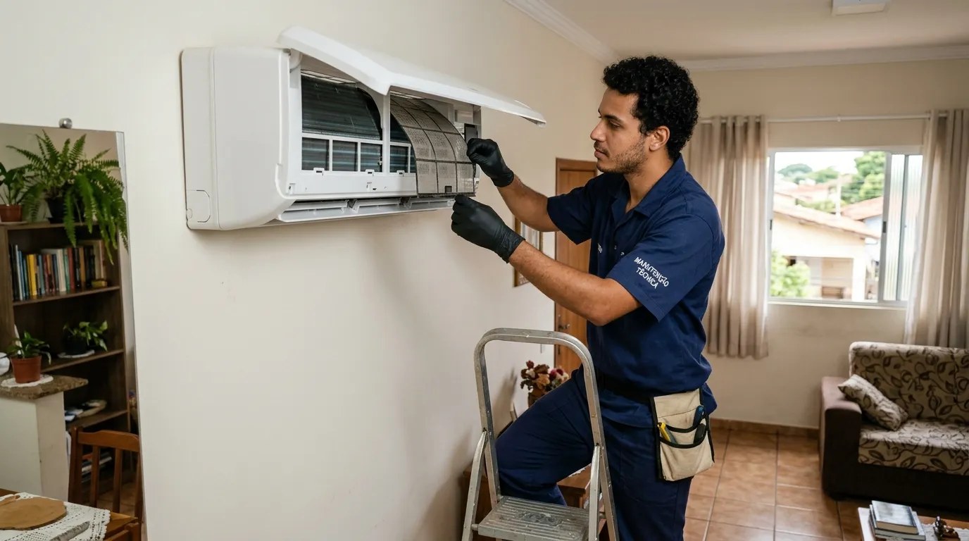 Técnico fazendo limpeza e higienização de ar-condicionado split em Viamão‑RS