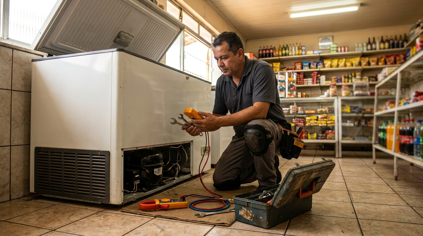 Técnico reparando o motor de um freezer horizontal em Viamão‑RS