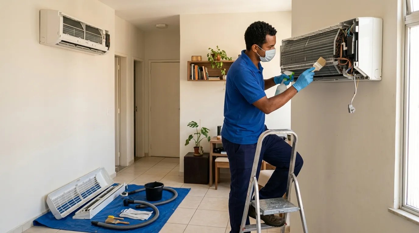 Técnico fazendo manutenção de ar-condicionado split em Viamão‑RS