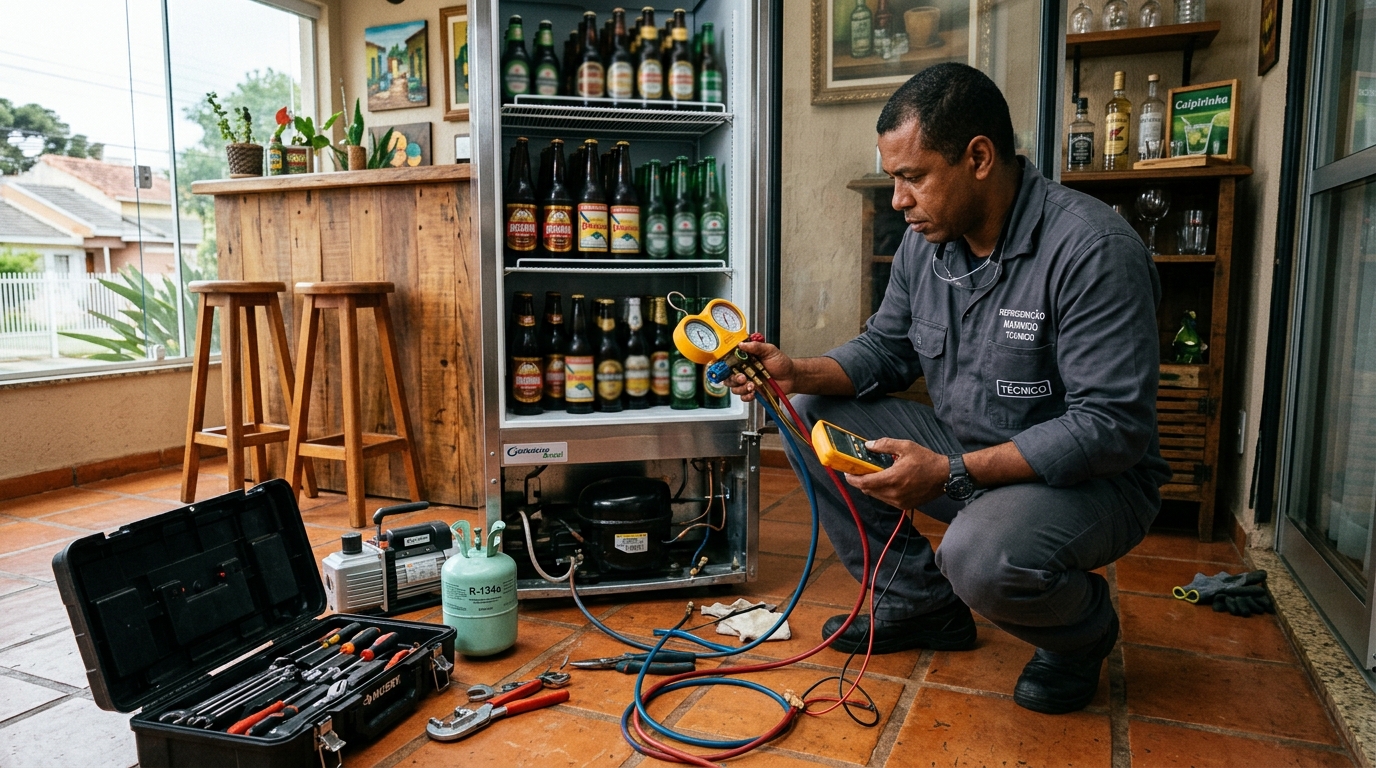 Técnico conferindo a temperatura de uma cervejeira durante atendimento em Viamão‑RS
